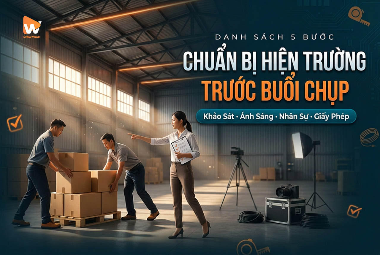 Chuẩn bị hiện trường trước khi chụp ảnh nhà máy, nhân viên dọn dẹp nhà xưởng cùng ekip Media WinWin dựng đèn