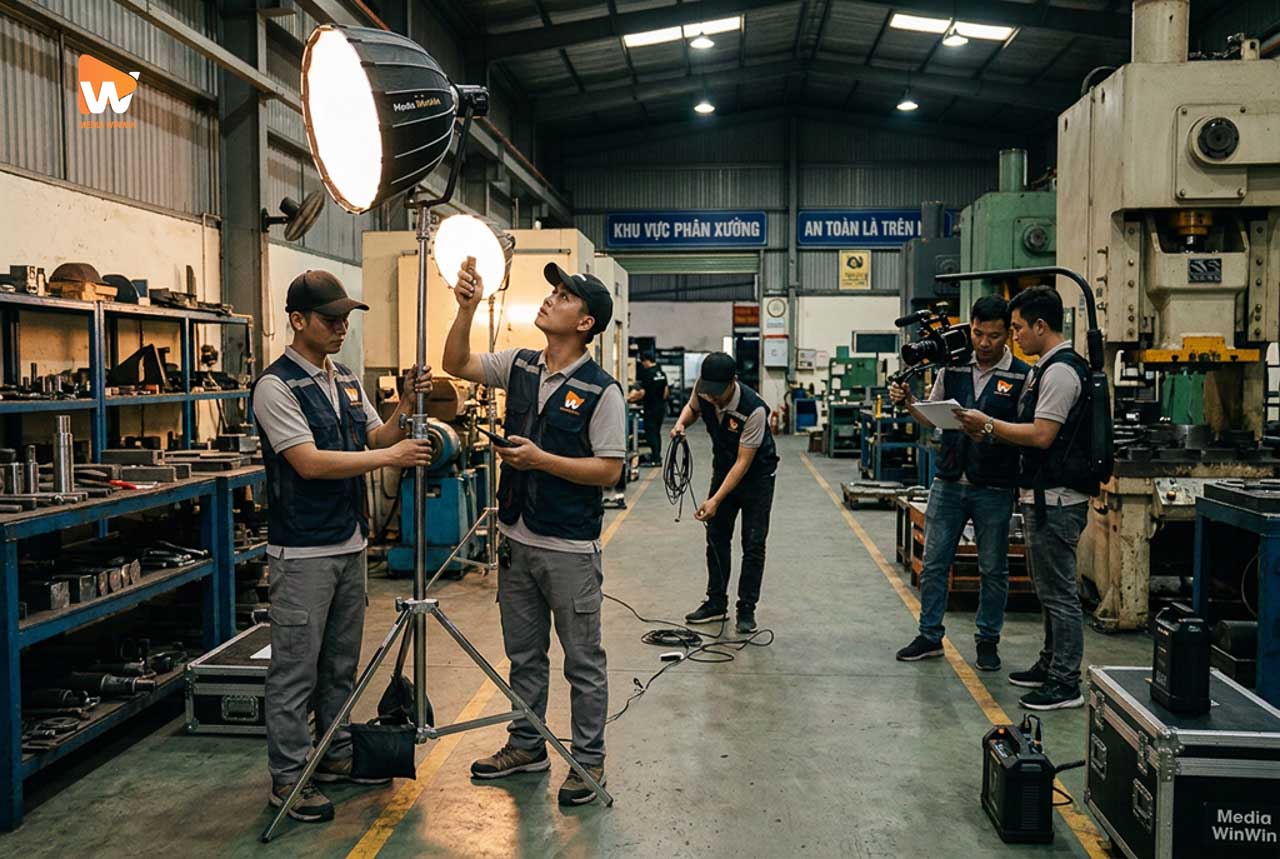 Ekip Media WinWin khảo sát và dựng đèn chiếu sáng tại khu vực phân xưởng, chuẩn bị chụp ảnh nhà máy | Media WinWin