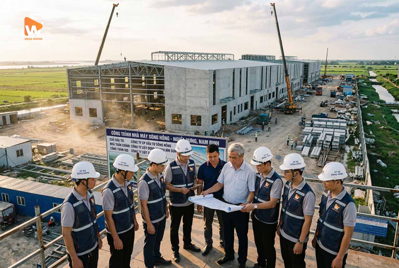 Phối cảnh khối nhà xưởng và đội ngũ kỹ sư tại công trường nhà máy Sông Hồng, Nghĩa Hưng, Nam, chụp ảnh nhà máy ở tỉnh xa hà nội | Media WinWin