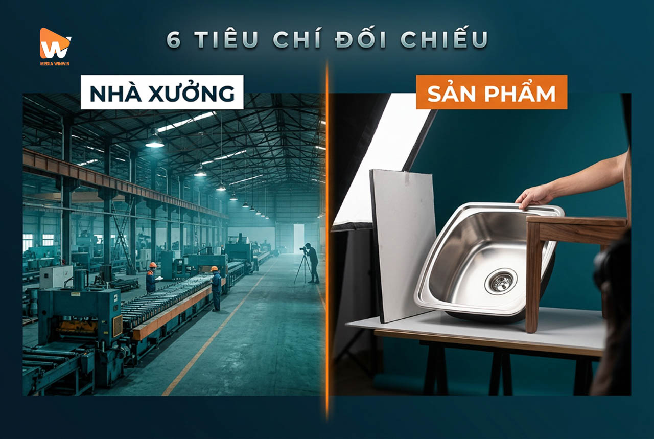Đồ hoạ chia đôi khung đối chiếu chụp ảnh nhà xưởng quy mô lớn với chụp ảnh sản phẩm trên bàn dựng cảnh