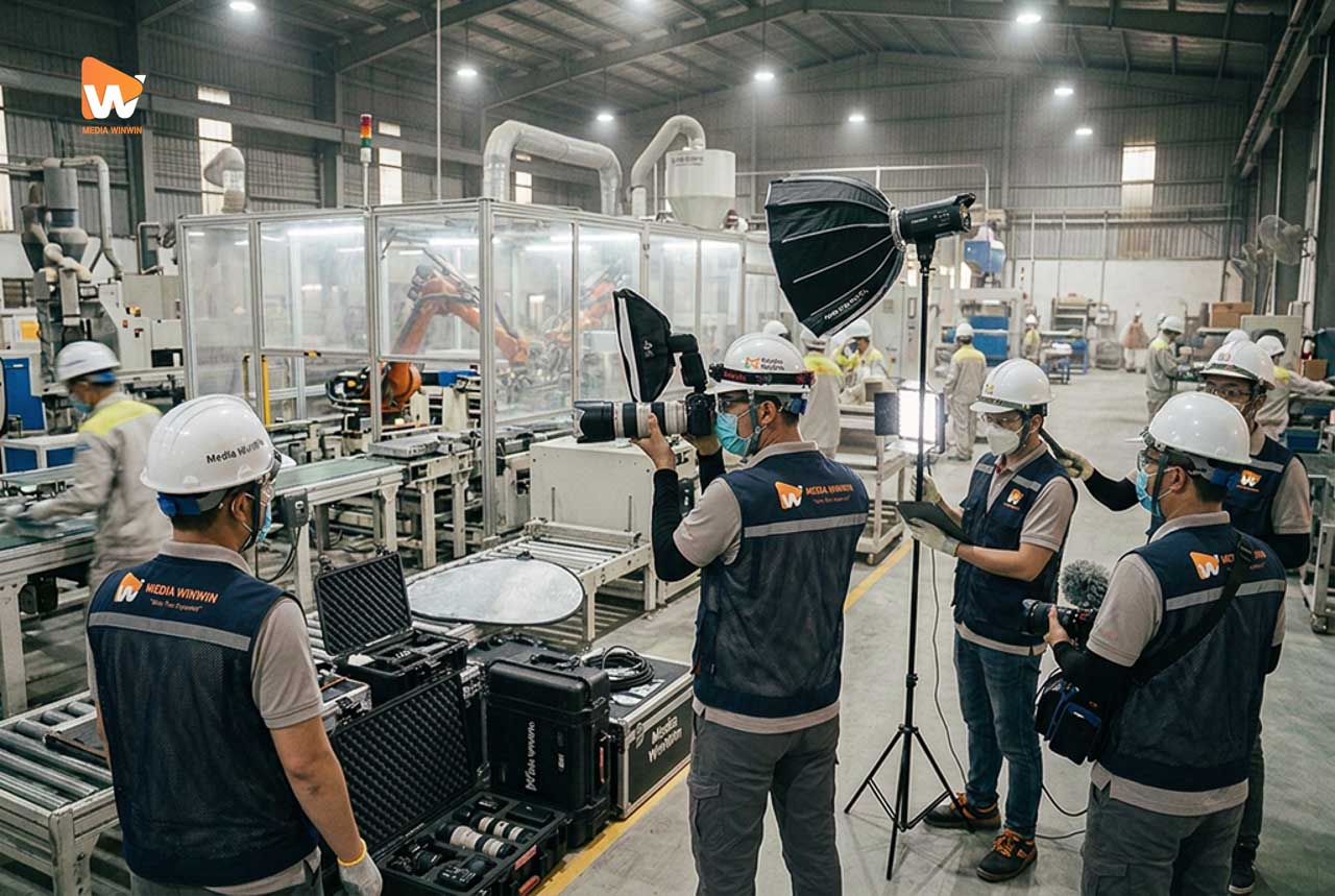 Ekip Media WinWin mặc trang bị bảo hộ đang tác nghiệp trong nhà xưởng đang vận hành, chụp ảnh nhà xưởng | Media WinWin