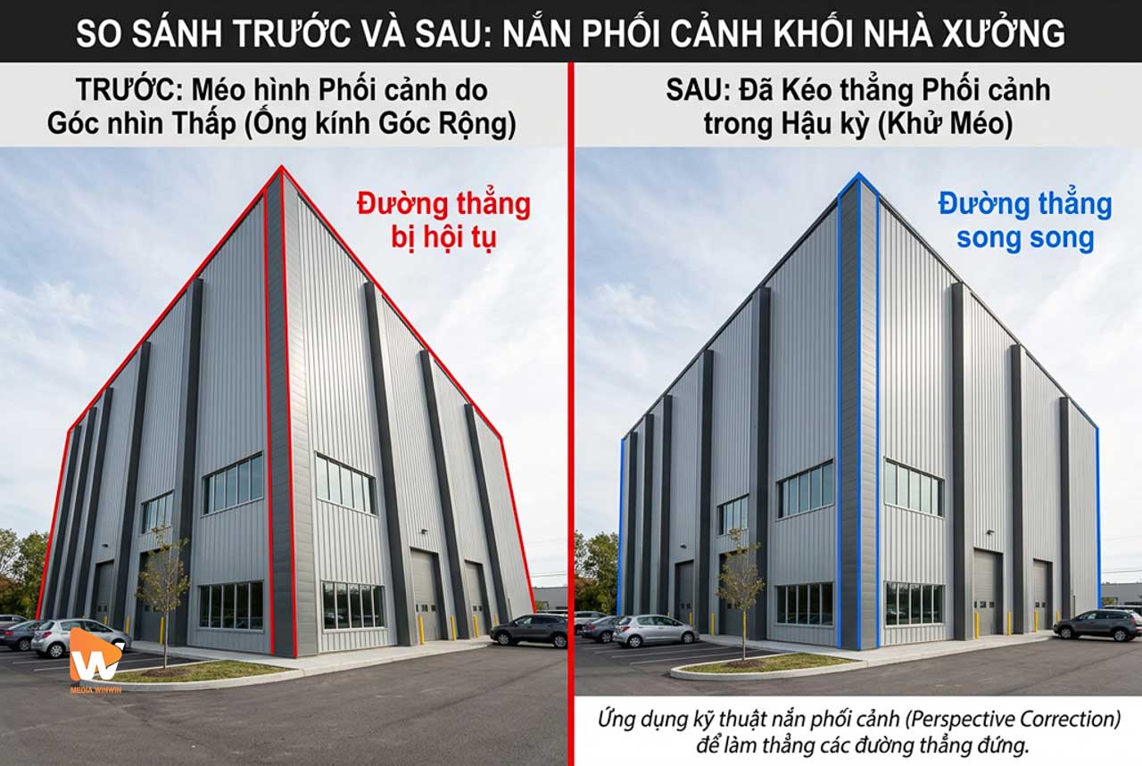 So sánh trước và sau khi kéo thẳng khối nhà xưởng chống méo hình ở hậu kỳ, minh họa kỹ thuật, lỗi chụp ảnh nhà máy và cách khắc phục | Media WinWin
