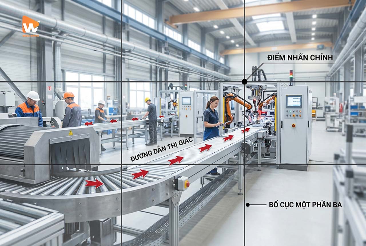 Bố cục đúng quy tắc một phần ba tại nhà xưởng, dây chuyền sản xuất làm đường dẫn thị giác, lỗi chụp ảnh nhà máy và cách khắc phục | Media WinWin