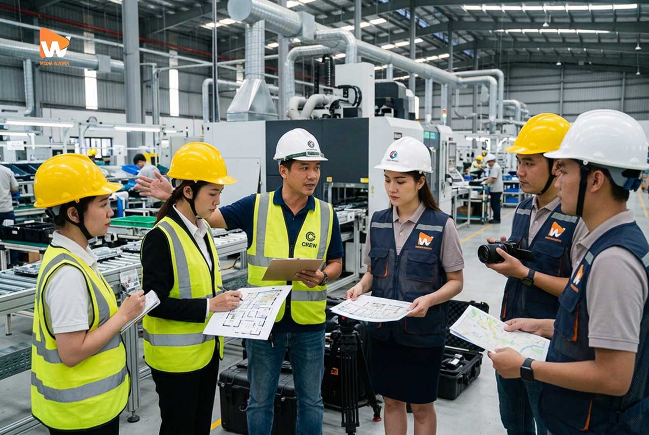 Ekip Media WinWin khảo sát thực địa tại nhà máy trước buổi chụp chính thức, quy trình chụp ảnh nhà máy chuyên nghiệp | Media WinWin