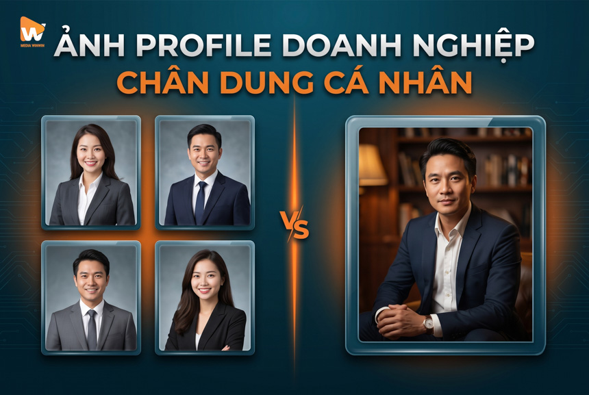 Đồ hoạ so sánh ảnh profile doanh nghiệp khác gì ảnh chân dung cá nhân, một bên bộ ảnh đội ngũ đồng bộ một bên chân dung cá nhân, Media WinWin
