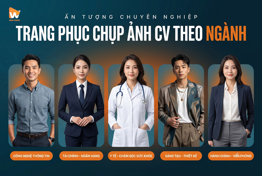 Minh hoạ trang phục chụp ảnh CV chuyên nghiệp cần chuẩn bị theo 5 ngành nghề, người mẫu mặc đồ theo ngành tông teal cam Media WinWin