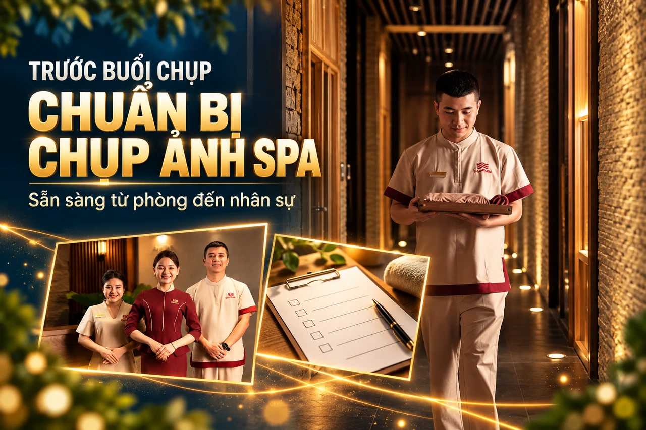 Banner chuẩn bị chụp ảnh spa từ ảnh nhân viên và đội ngũ Savillas Spa & Wellness