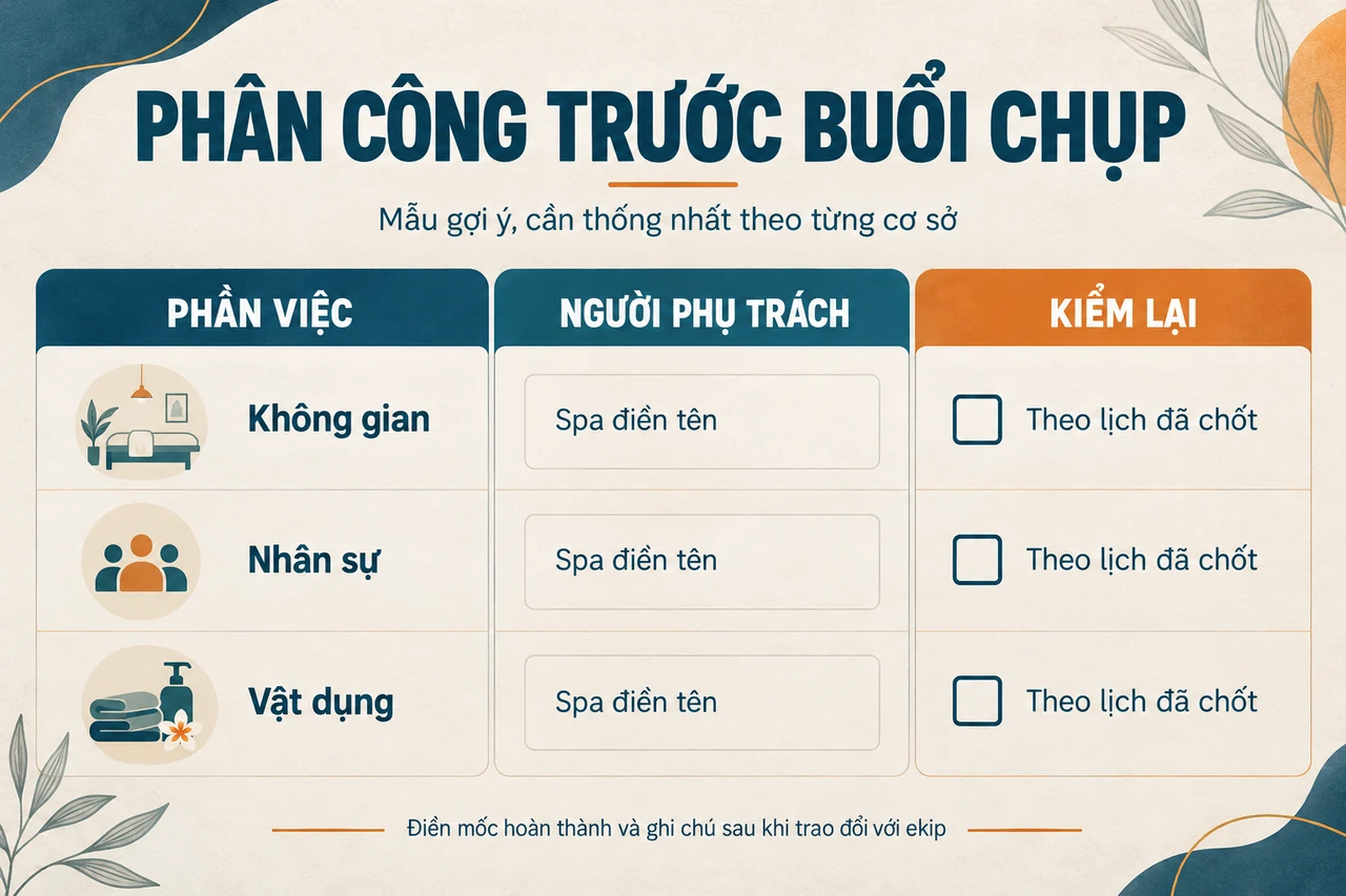 Mẫu gợi ý phân công không gian, nhân sự và vật dụng trước buổi chụp spa