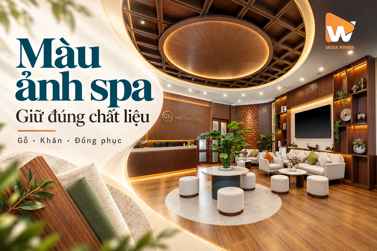 Đồ họa màu ảnh spa với chất liệu gỗ, khăn và vải