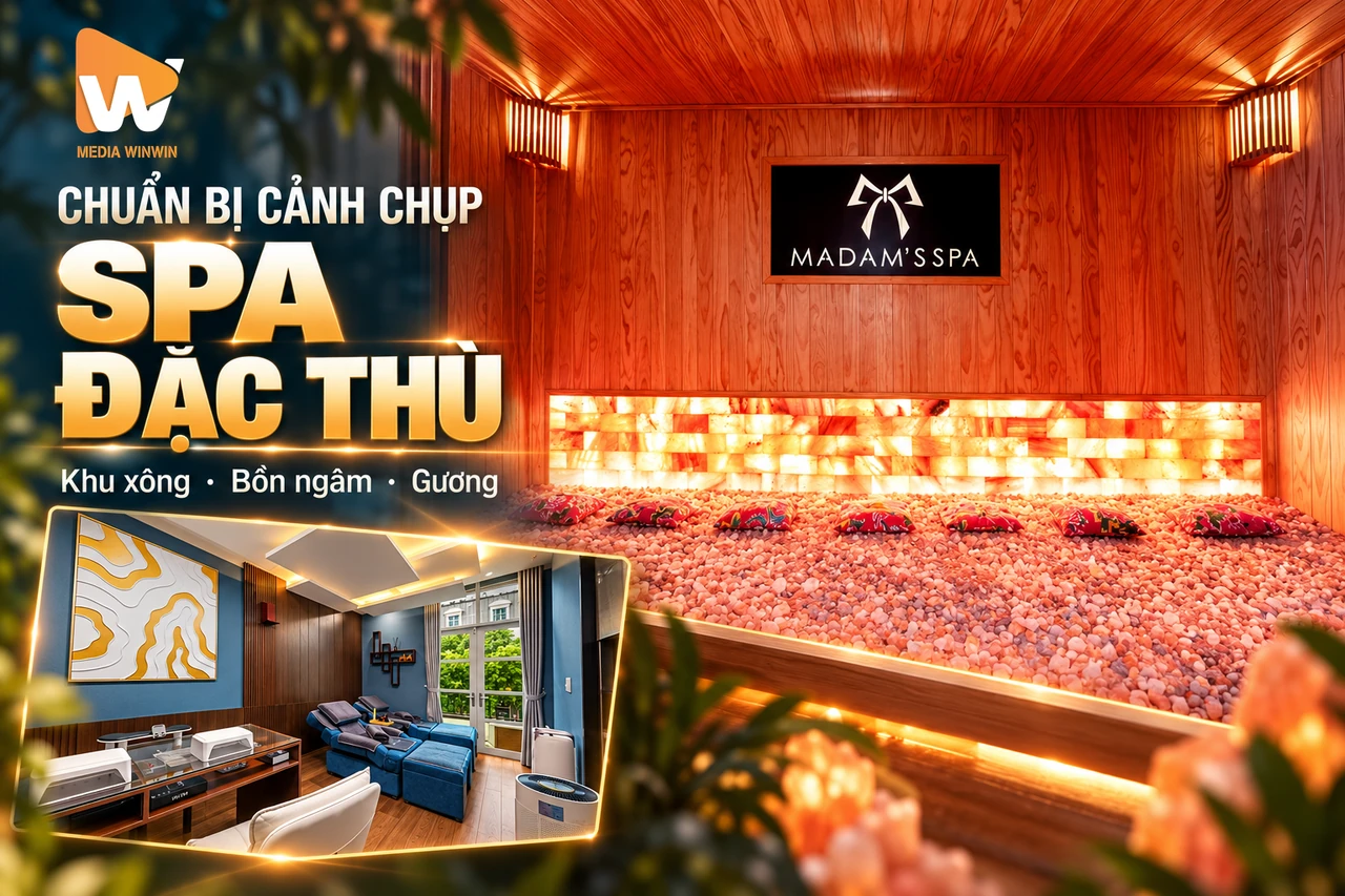 Chuẩn bị cảnh khu xông, bồn ngâm và bề mặt phản chiếu trước buổi chụp spa