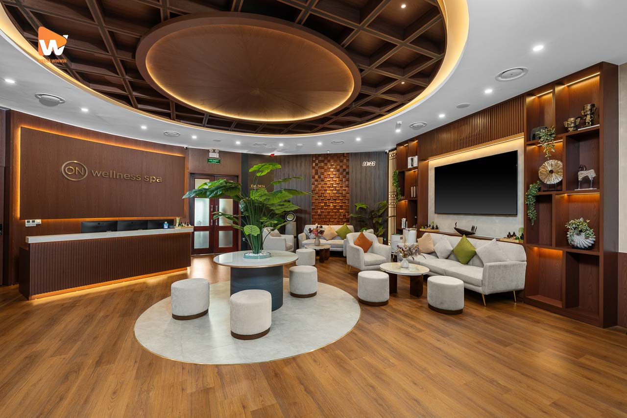 Sảnh lễ tân trần tròn ốp gỗ tại ON Wellness Spa The Manor