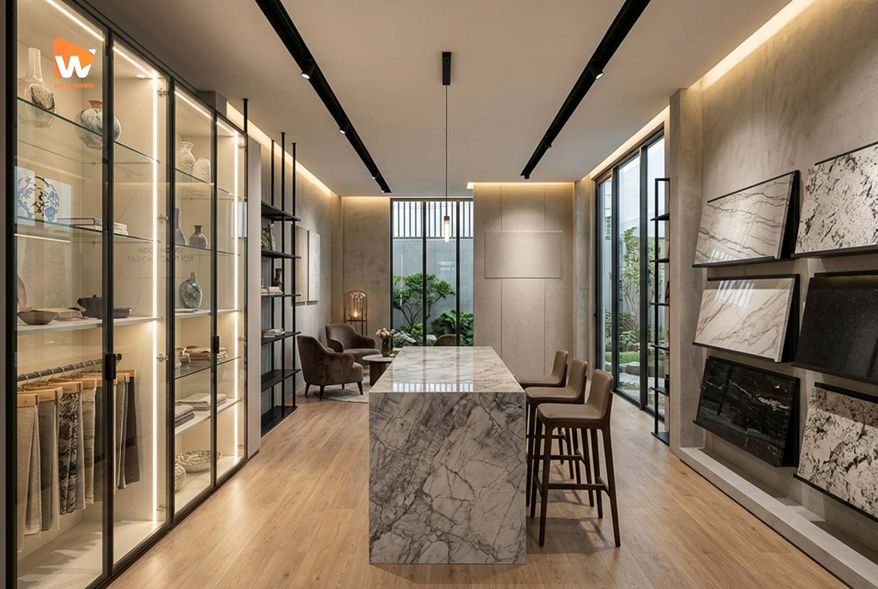Không gian văn phòng doanh nghiệp hiện đại, nhiều cửa kính, đường nét cột và vách thẳng đứng, chụp ảnh kiến trúc nội thất thương mại | Media WinWin