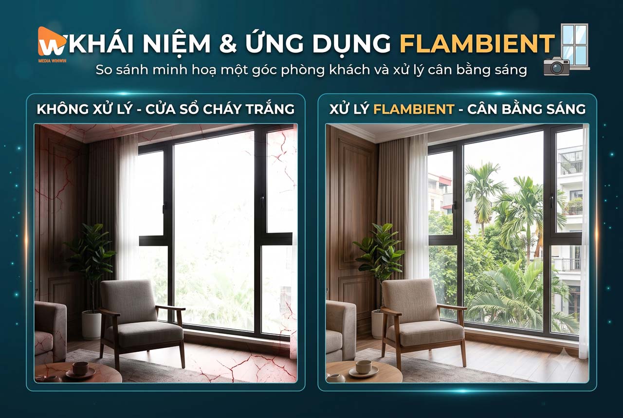 So sánh minh hoạ một góc phòng khách bị cửa sổ cháy trắng và một góc cùng phòng đó xử lý bằng phương pháp flambient | Media WinWin
