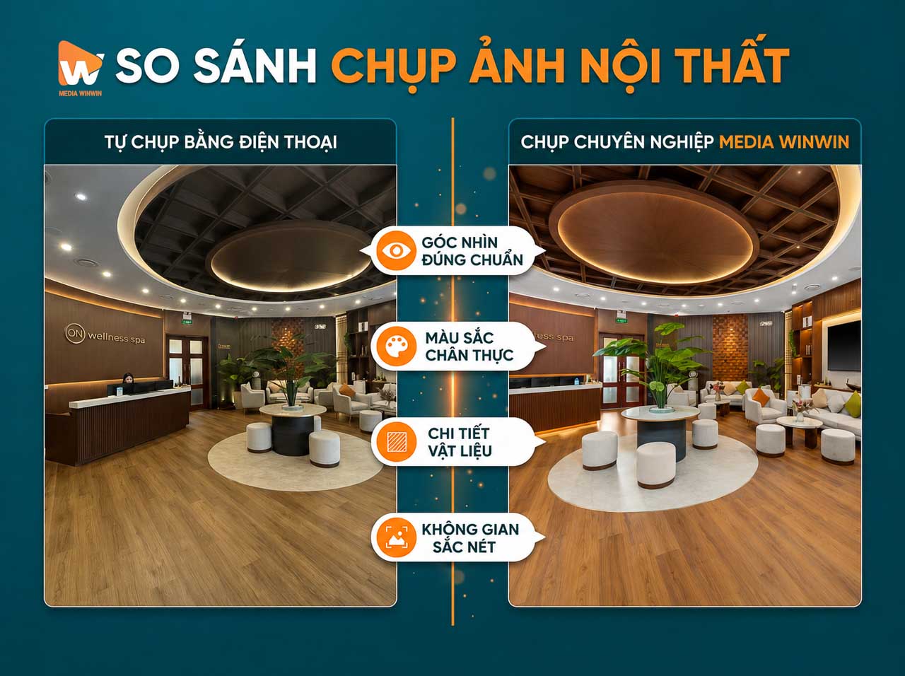 Đối chiếu một góc phòng chụp bằng điện thoại bị méo và ám màu, đặt cạnh cùng góc đó chụp chuẩn, tự chụp hay thuê chụp ảnh nội thất | Media WinWin