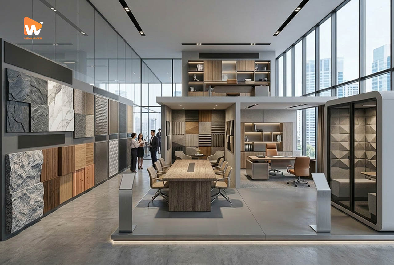 Showroom trưng bày sản phẩm, chất liệu bề mặt lên khối rõ nét, chụp ảnh showroom văn phòng | Media WinWin