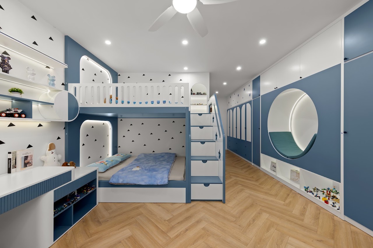 Phòng ngủ của con với giường tầng tông xanh - nhà phố Ocean Park 2 - Media WinWin