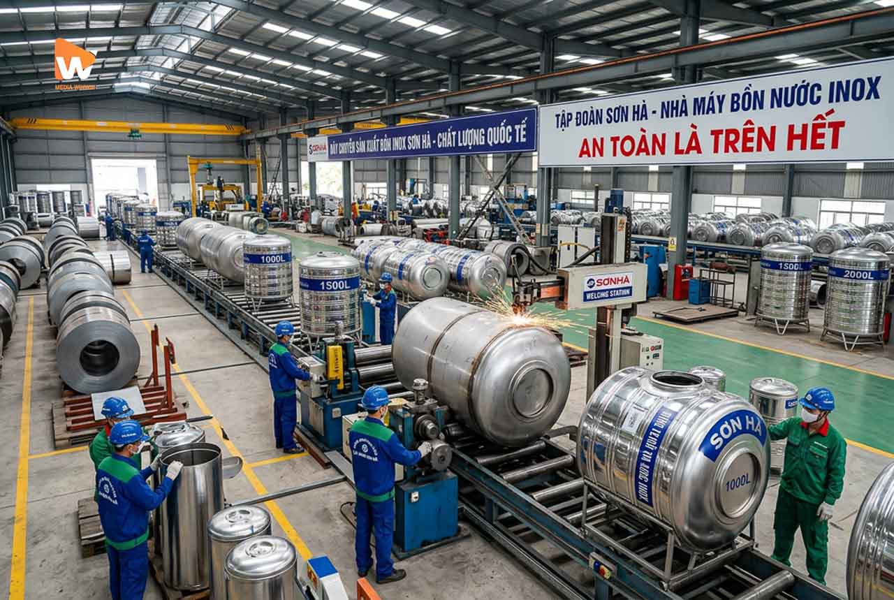 Dây chuyền sản xuất bồn inox tại nhà máy Tập đoàn Sơn Hà, minh họa bằng chứng dự án thật, lợi ích quay phim nhà máy khu công nghiệp | Media WinWin