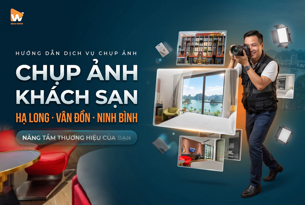 Banner chụp ảnh khách sạn Hạ Long Vân Đồn Ninh Bình, nhiếp ảnh gia kiến trúc và khung ảnh phòng khách sạn view vịnh trên nền navy-teal