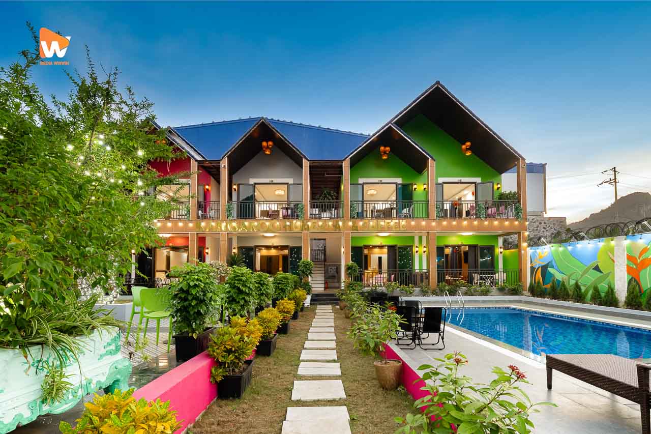 Chụp ảnh homestay Kangaroo Cát Bà — bể bơi và dãy bungalow nhìn từ chính diện