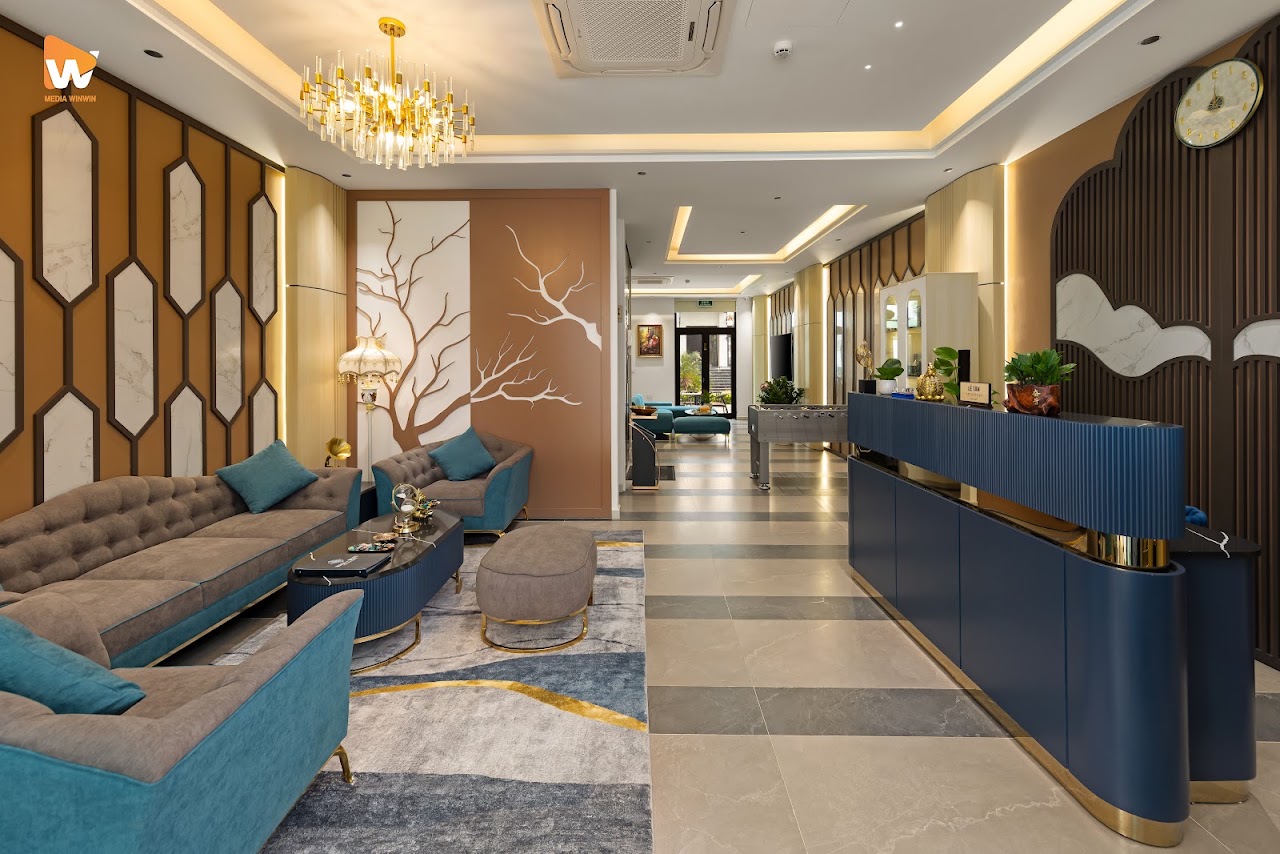 Chụp ảnh khách sạn Khue Le Bleu Đồi Rồng — sảnh lễ tân và khu sinh hoạt chung