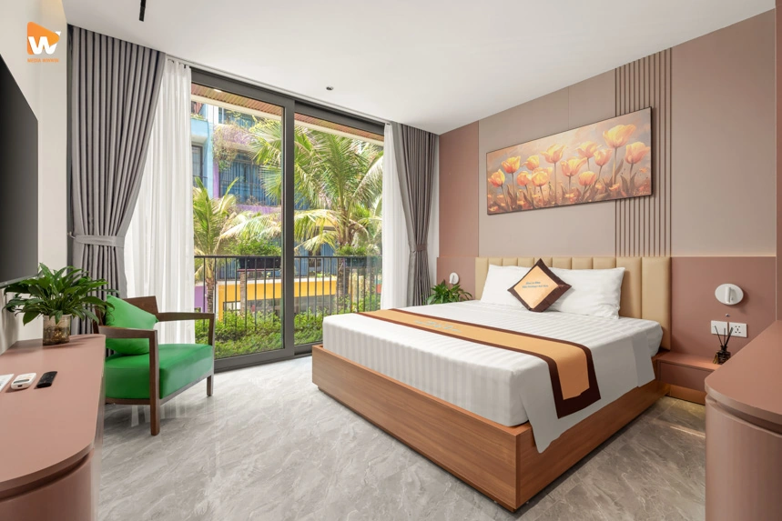 Ví dụ áp dụng quy tắc một phần ba khi chụp ảnh phòng ngủ khách sạn để tạo bố cục cân đối.