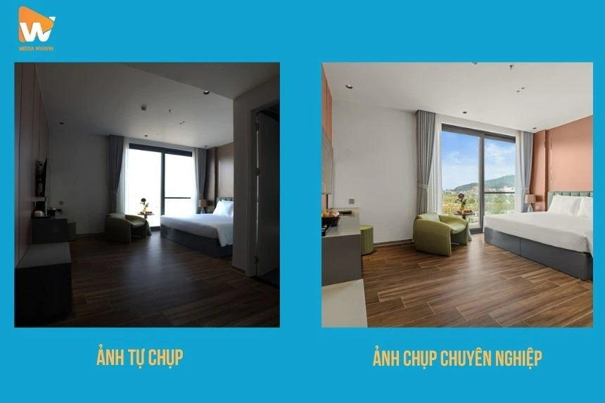 Hình ảnh so sánh song song một phòng khách sạn được chụp bằng điện thoại (ánh sáng yếu, góc hẹp) và chụp bởi nhiếp ảnh gia chuyên nghiệp (ánh sáng tốt, góc rộng, bố cục đẹp).