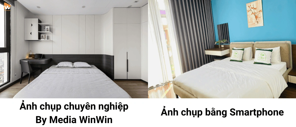 So sánh ảnh chụp nội thất phòng ngủ giữa chuyên nghiệp và tự chụp
