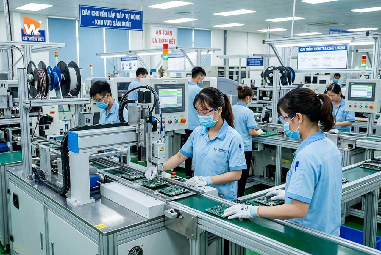 Cận cảnh dây chuyền sản xuất đang vận hành, thấy rõ máy móc và thao tác của công nhân, dùng, ứng dụng ảnh nhà máy | Media WinWin