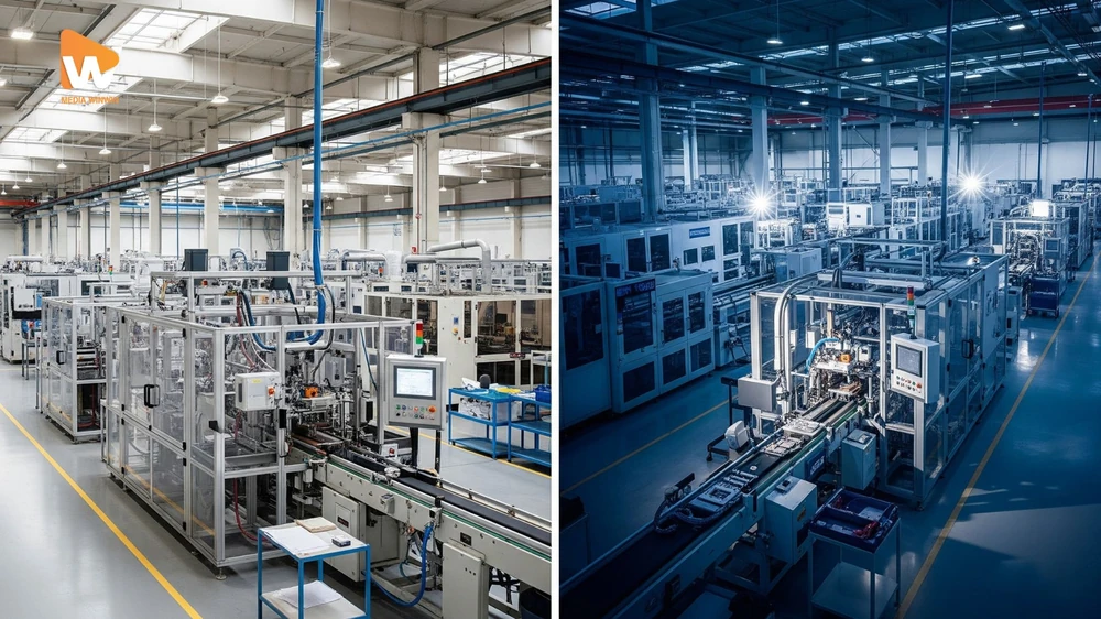 cùng một dây chuyền sản xuất được chụp với kỹ thuật chuyên nghiệp và góc máy đặc biệt
