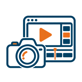 Biểu tượng máy ảnh và màn hình dựng video: đồng bộ quay chụp và hậu kỳ